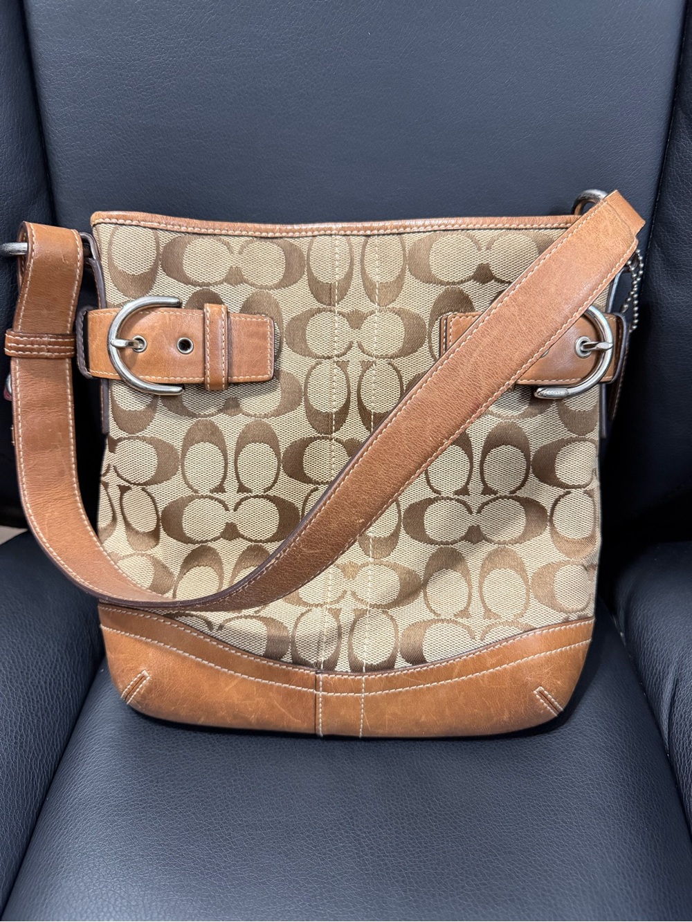 Coach Soho Brown Signature Canvas Shoulder Bag with Leather Trim ink stain